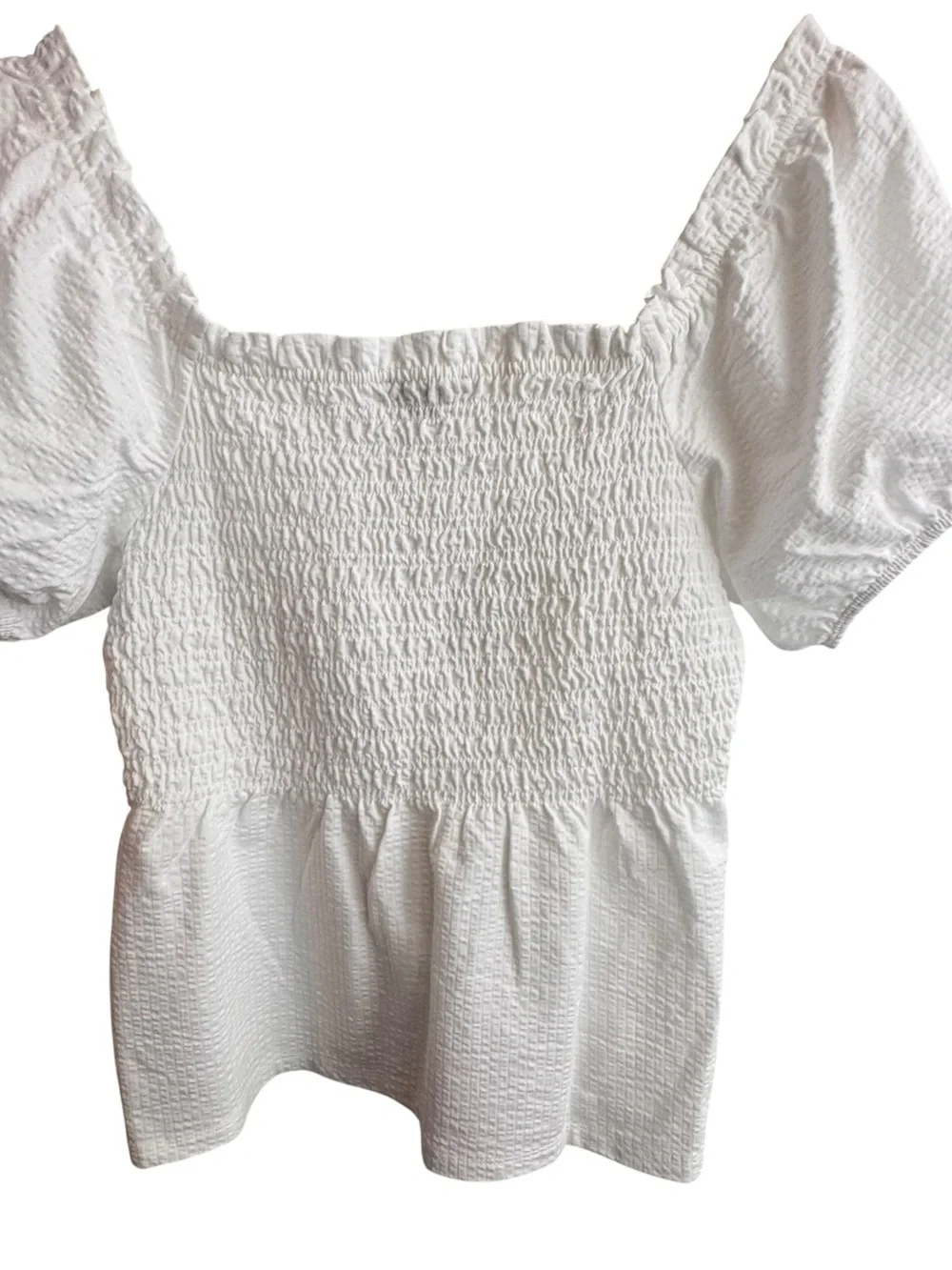 NWT J. Crew Seersucker Smocked White Top Size M